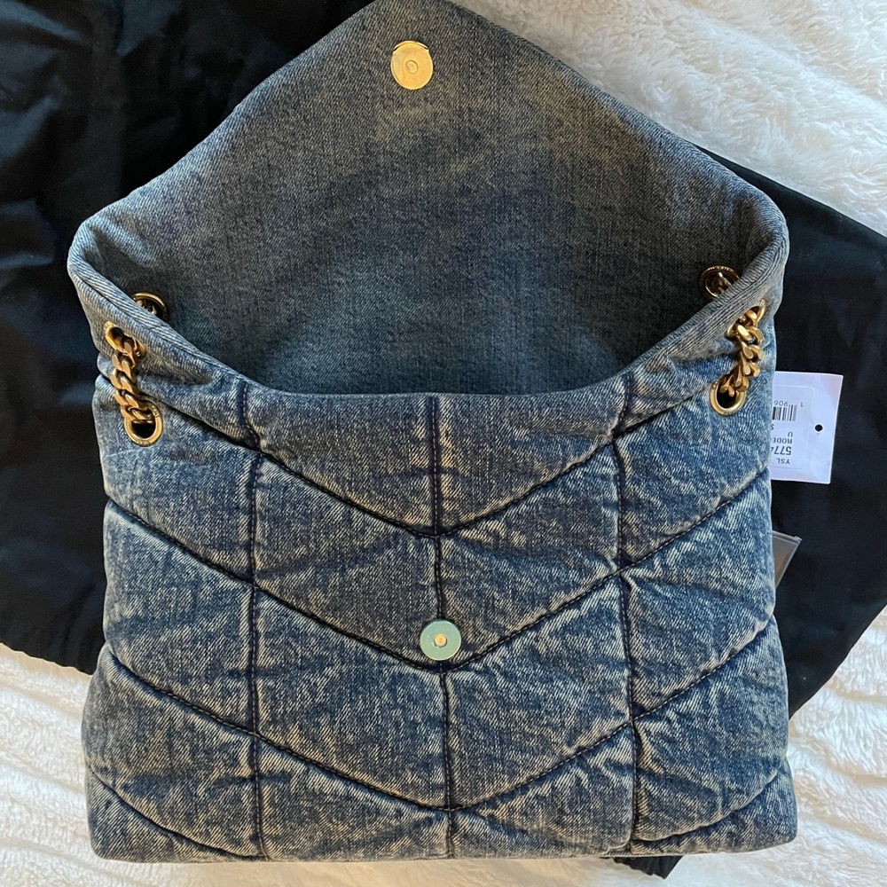 SOLD. YSL MEDIUM DENIM LOU LOU PUFFER BAG BRAND NEW TAGS DENIM BLUE GOLD HARDWAR - Picture 6 of 10